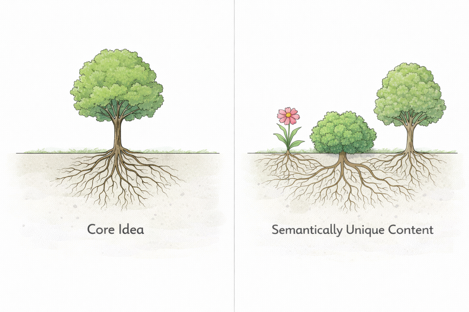 Two-panel illustration: Left shows a single tree labeled Core Idea, Right shows multiple unique plants (flower, bush, tree) growing from shared root system labeled Semantically Unique Content